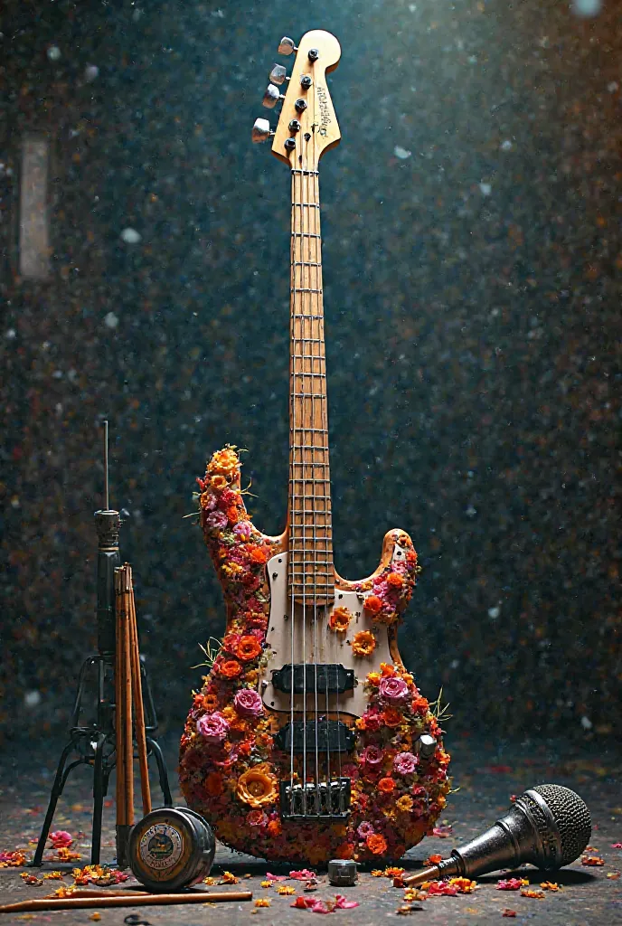 Make me a bass with flowers, Drum sticks and a singer's microphone in a rock and roll style