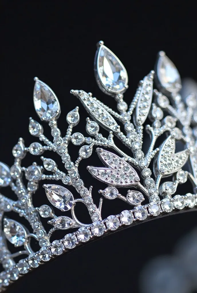 Create a dazzling tiara,  worthy of royalty , filled with brilliant diamonds.  The design must be elegant and sophisticated , with a structure in white gold or platinum, delicately crafted with patterns inspired by nature,  such as leaves or flowers . Diam...