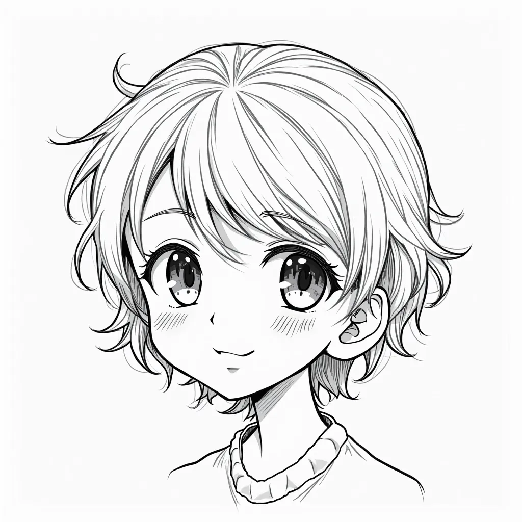 Anime style heads, that they are unique and that there are enough heads of boys and girls and that they have unique hair and that only their heads can be seen and complete and that it is in black and white to color