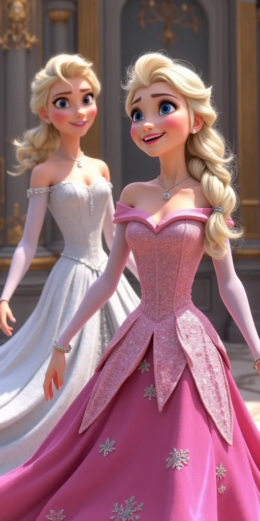 This image features two elegantly dressed female characters in a grand, royal setting, engaging in a joyful moment.

Character Descriptions:
Character in the Foreground (Right):

She has platinum blonde hair styled in a loose, voluminous side braid.
Her fa...