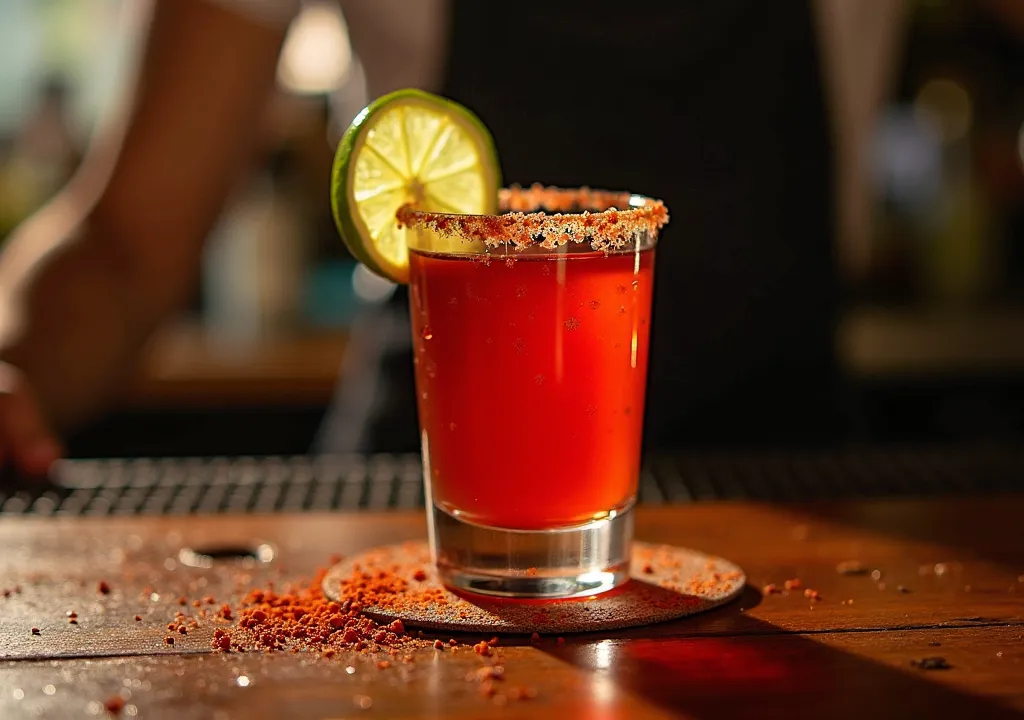 "A bartender presents a vibrant Mexican candy shot on a rustic wooden bar table, the deep red drink served in a salt-rimmed shot glass, garnished with a lime wedge and a sprinkle of chili powder, under warm ambient lighting."