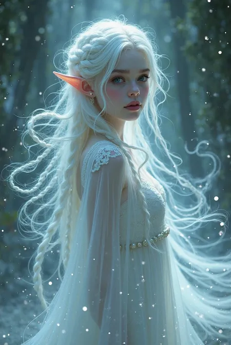 necromancer girl, astral elf, white braided hair, pale, ghost, translucent