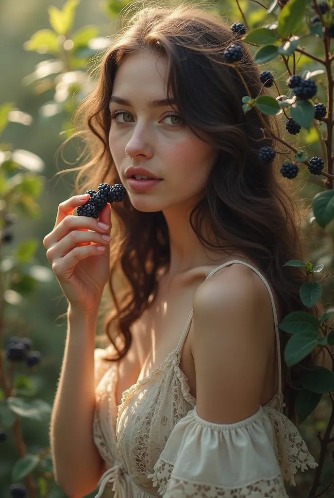 Beautiful sexy girl with wavy long hair in a bohemian dress eats blackberries 