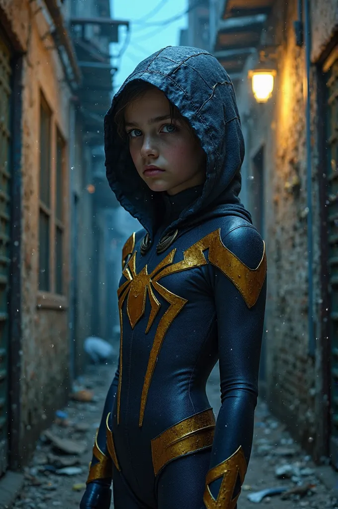 age girl in the dark blue Spiderman costume with gold details in a low-income building looking around at night of perfection. Panel screenshot Comic