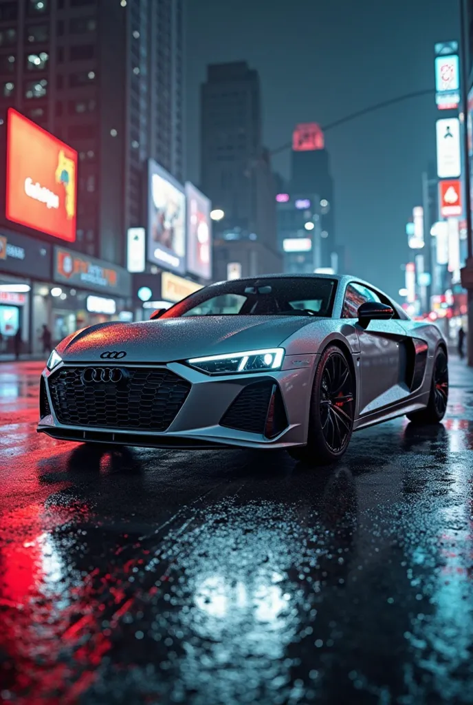 Create an image of a modern Audi sports car against the backdrop of a city at night. The car must be of aggressive design, with bright, large with a radiator grille and aerodynamic lines. Background — city with neon lights,  pose reflected on wet asphalt ....