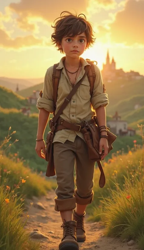 elias, the young adventurer with brown hair and curious eyes, wearing a beige linen shirt, brown pants and worn leather boots, walks back to the village under the golden dawn. His countenance shows no frustration, But rather wisdom and satisfaction. His cl...