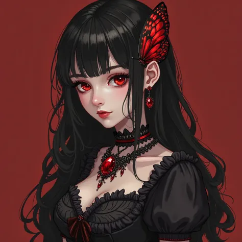 poker face,,(Dark Fantasy),((Illustrations merveilleuses)),(Details fly), longs cheveux noirs, red eyes, fille, Solid black dress, Necklace only, Les poignets et la jupe sont rouge foncé, There is a red butterfly hairpin pinned next to her ear., masterpiec...