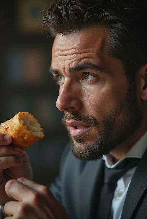 6. Close-Up (Businessman's Expression Changing Slightly as He Observes)

- His eyes flicker toward the sandwich, possibly triggering a craving.