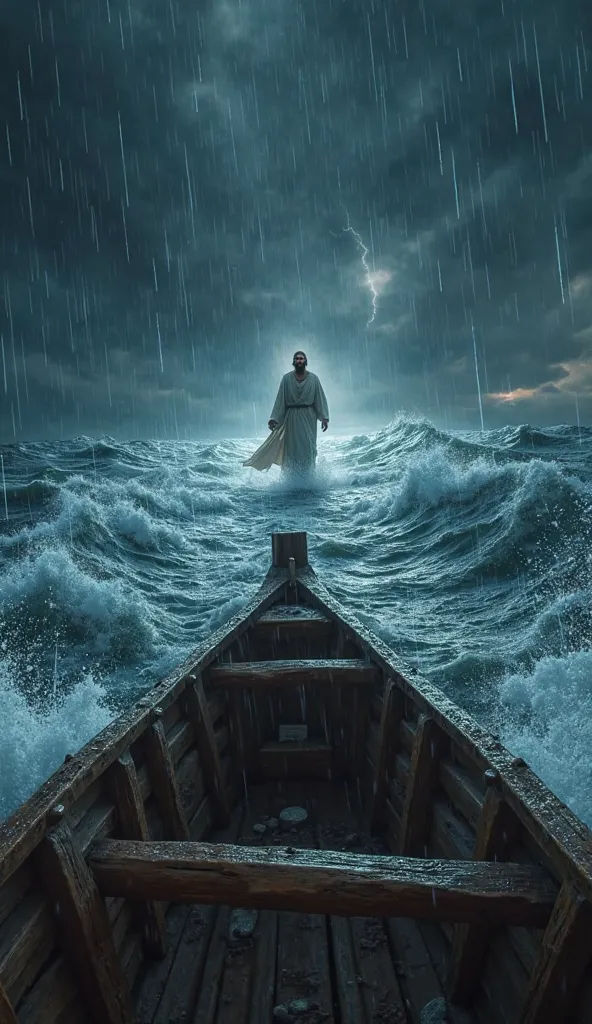 A first-person perspective of me, as Peter, inside a wooden boat during a stormy night. My hands grip the edges of the boat tightly as powerful waves crash against it. The wind howls, and rain pours heavily. In the distance, Jesus walks calmly on the rough...