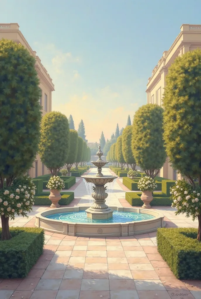 A neoclassical painting of: A symmetrical and elegant square, with a stone floor in soft geometric patterns, delicately drawn, without being overly complex. The square is surrounded by round shrubs, well pruned, distributed harmoniously around the space.

...