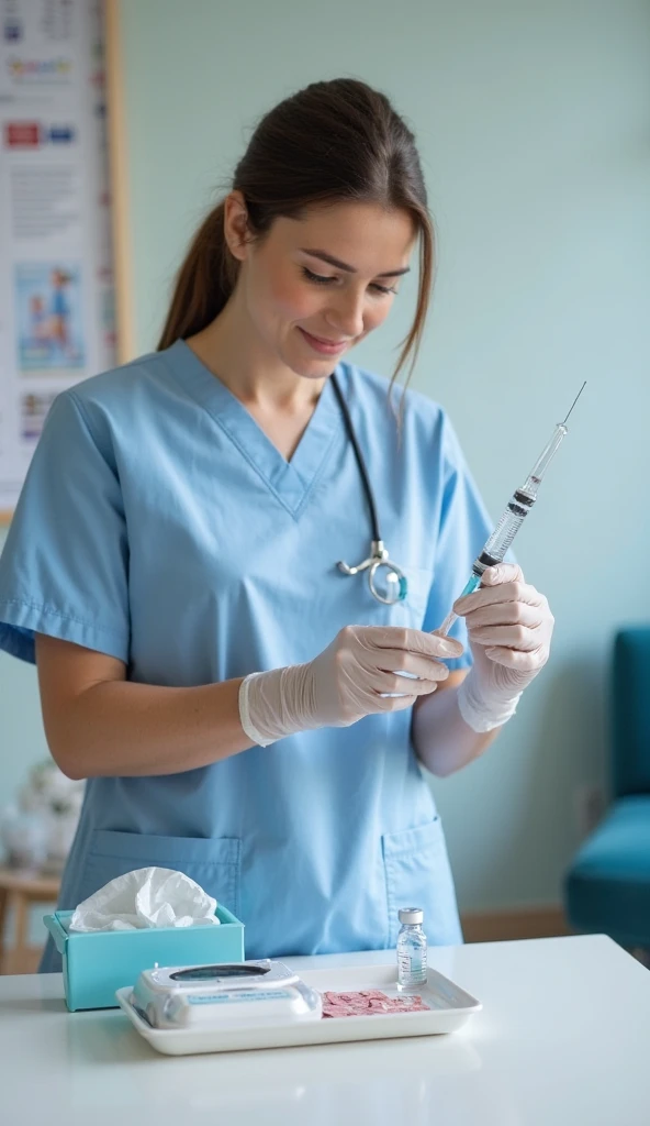 "A young female nurse in light blue scrubs is standing in a medical clinic, preparing a syringe with a clear liquid vaccine. She is wearing disposable gloves and carefully checking the dosage with a focused expression. A medical tray with alcohol wipes, a ...