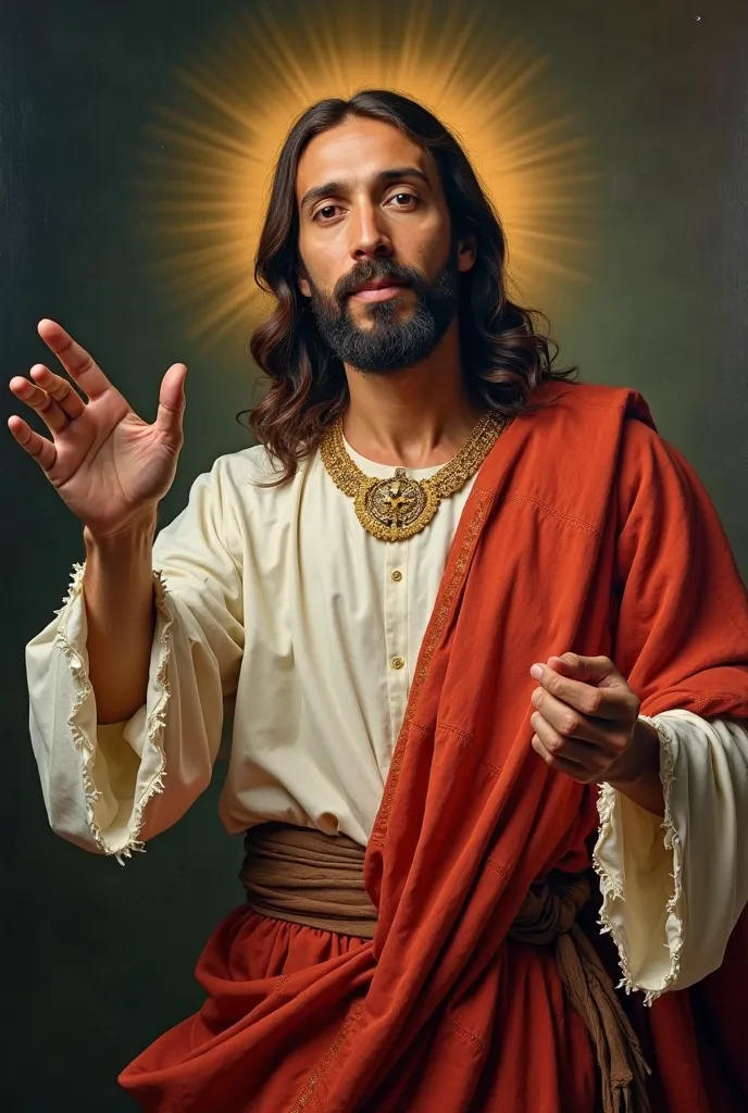 Portrait of Jesus, dressed in traditional Jarocchio clothing from Veracruz, waving and pointing fingers, highly detailed,  oil painting, studio lighting, vibrant color palette, realistic photo, 8K, mastery