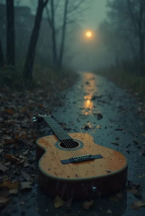 "An abandoned guitar lies, dry leaves are flying around, raindrops are falling on the guitar and making a sound. A pale yellow light is visible in the distance, expressing loneliness and depression. (Anime-style, melancholic mood, cinematic depth, rain eff...