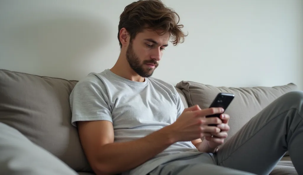 A 23-year-old man is sitting relaxed on a couch and looking at his iPhone. He is wearing casual clothes, maybe a T-shirt and sweatpants or jeans. His facial expression is neutral or slightly concentrated, while looking at the screen. The background is mini...