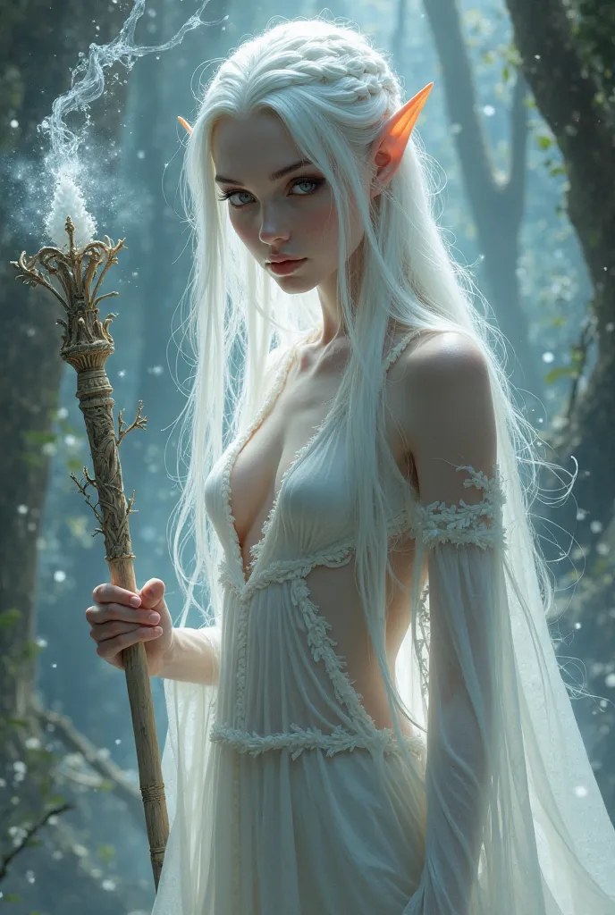 necromancer woman, astral elf, pale, translucent, white hair braided, dark eyes, staff white