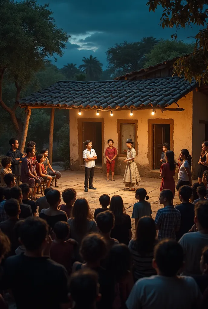  The Night of the Presentation:

 Description : The climax of the story, where the residents of the orphanage present their play to the community.
 Visual Elements : An improvised stage with dramatic lighting, where Miguel delivers his monologue with inten...