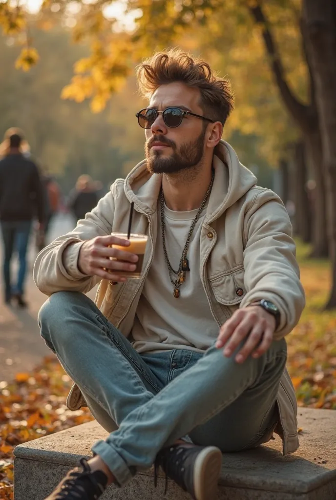 A stylish and confident man, with a slender and athletic physique, sitting casually on a square bench,  taking advantage of the moment . Your face has well-defined features, with a striking jaw , slightly raised nose and expressive eyebrows that highlight ...