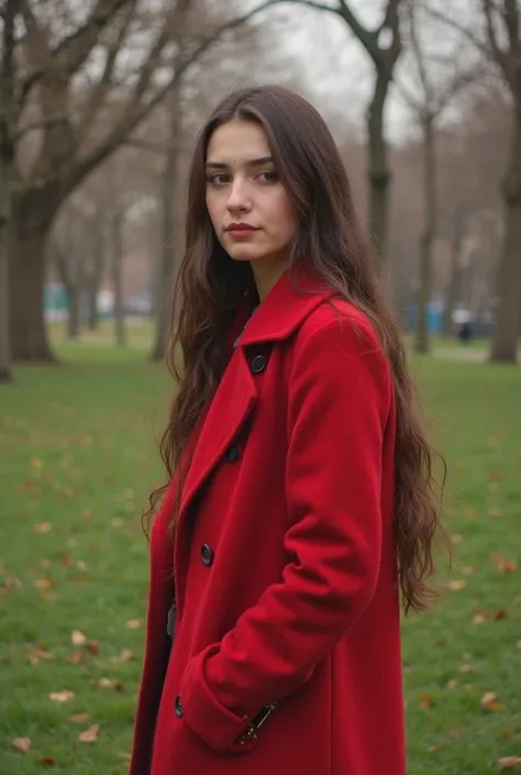 Arafed woman in a red coat standind on a green blestone park , a picture by micha klein, intagram, hurufiyya, gothic city park behind her,be with long hair,be autiful pakistani woman , she is about 20 years old