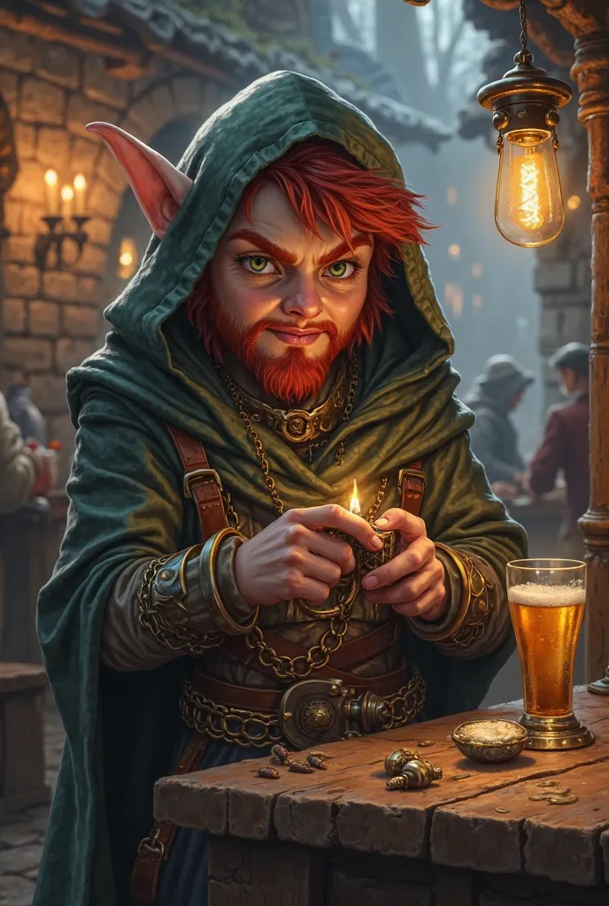 Rock gnome, young, DND, fantasy, sly, smiles cunningly, slender body, trickster, cleric of cunning, hooded cloak and chain mail, standing in a tavern, tinkering with a small device, red hair, goatee, small ears