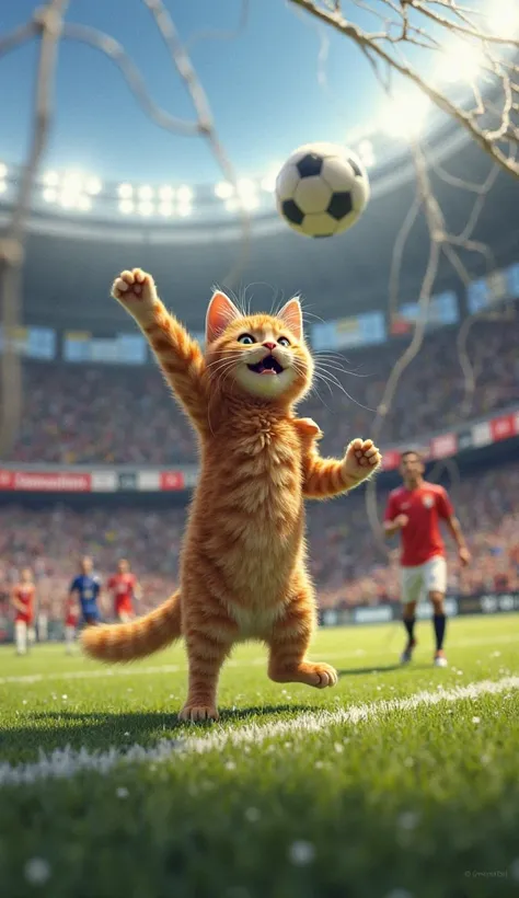 The ball flies straight into the goal! The net shakes as the crowd erupts in cheers. The orange cat celebrates, doing Ronaldo’s famous ‘Siuuu’ celebration, while Ronaldo smiles in amusement."