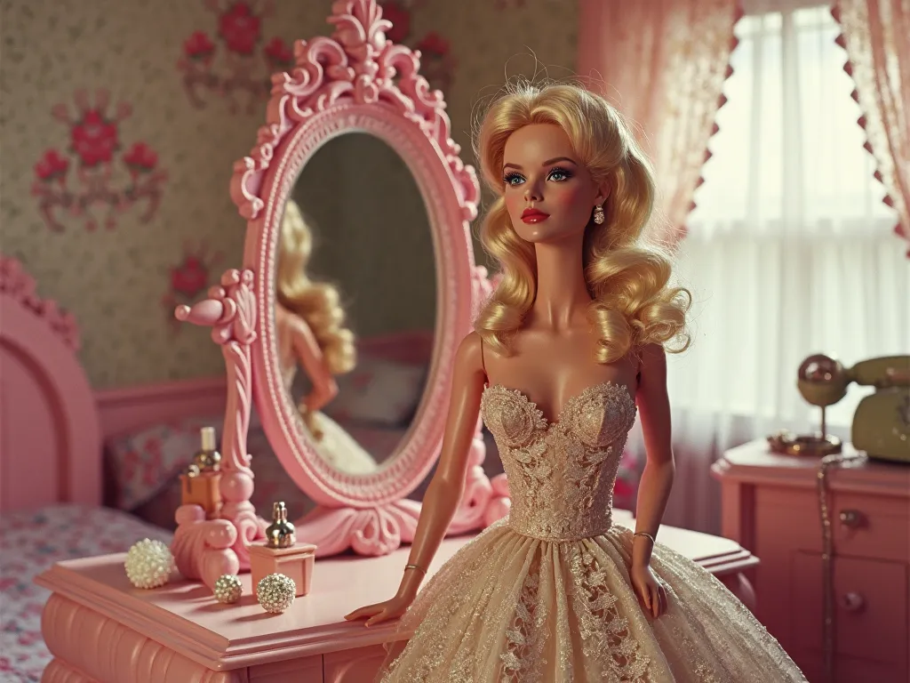 A vintage Barbie doll stands elegantly in front of an ornate pink vanity mirror, dressed in a glamorous, slightly over-the-top ball gown with intricate lace details and shimmering fabric. Her blonde curls are perfectly styled in a voluminous 80s fashion, a...