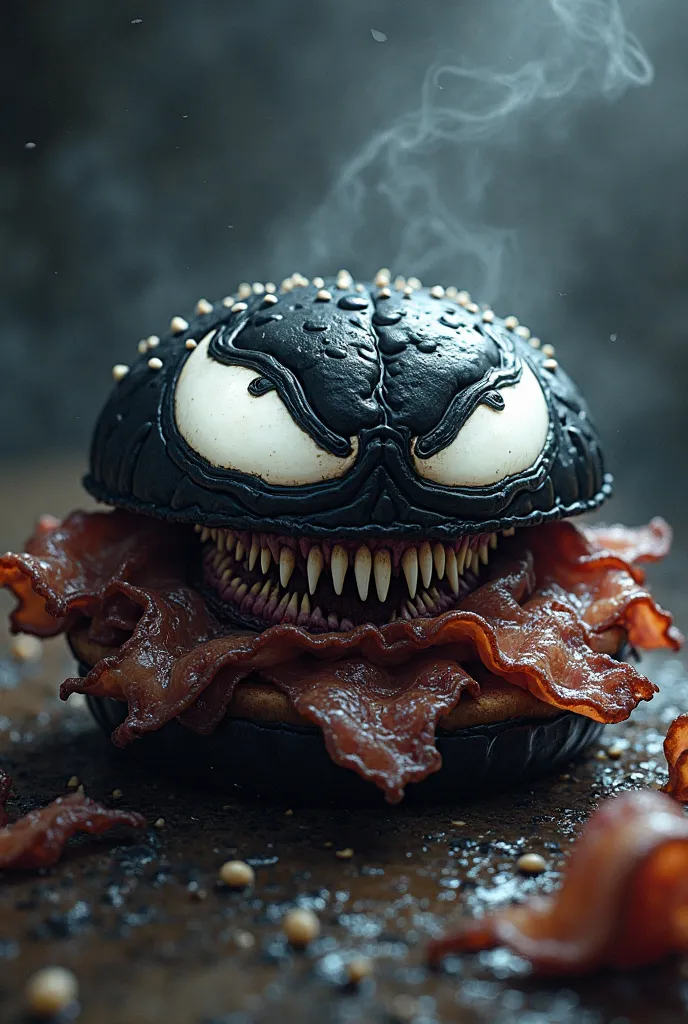 Create an image of a black hamburger with bacon inspired by Venom eyes