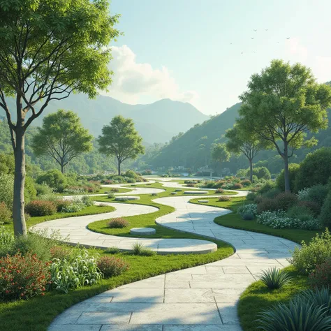 city square with oval lines, informal landscape design, There are no people