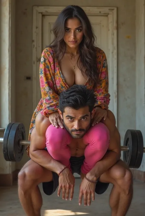 Big thighs Alia Bhatt wearing printed kurta and pink leggings sit on man doing squats 