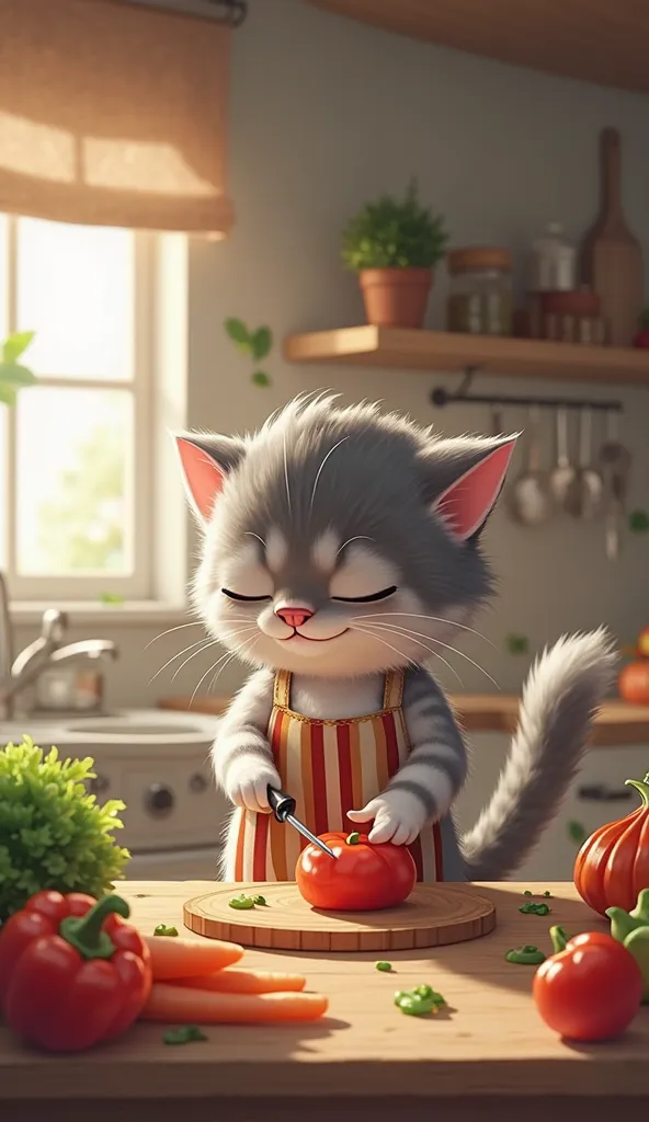 
 Here is a detailed prompt for SeaArt :  

**An anthropomorphic cat in the kitchen, standing on a small platform.  The cat has gray and white fur , wearing a striped kitchen apron. He holds a small knife with a leg, carefully cutting a red tomato on a woo...