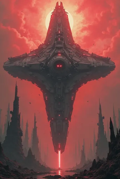 Warhammer-style Templar military spaceship in the shape of a cross over a red sky above a ruined futuristic city 