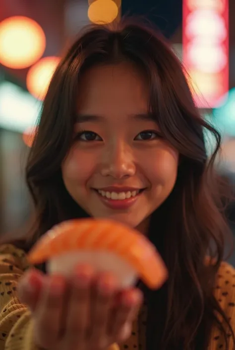 "A stunning, natural-looking Japanese girl with an adorable and inviting expression, holding a piece of sushi towards the camera as if offering it. Shot in the signature Leica Q3 style, the image features a perfect balance of soft bokeh and sharp details. ...