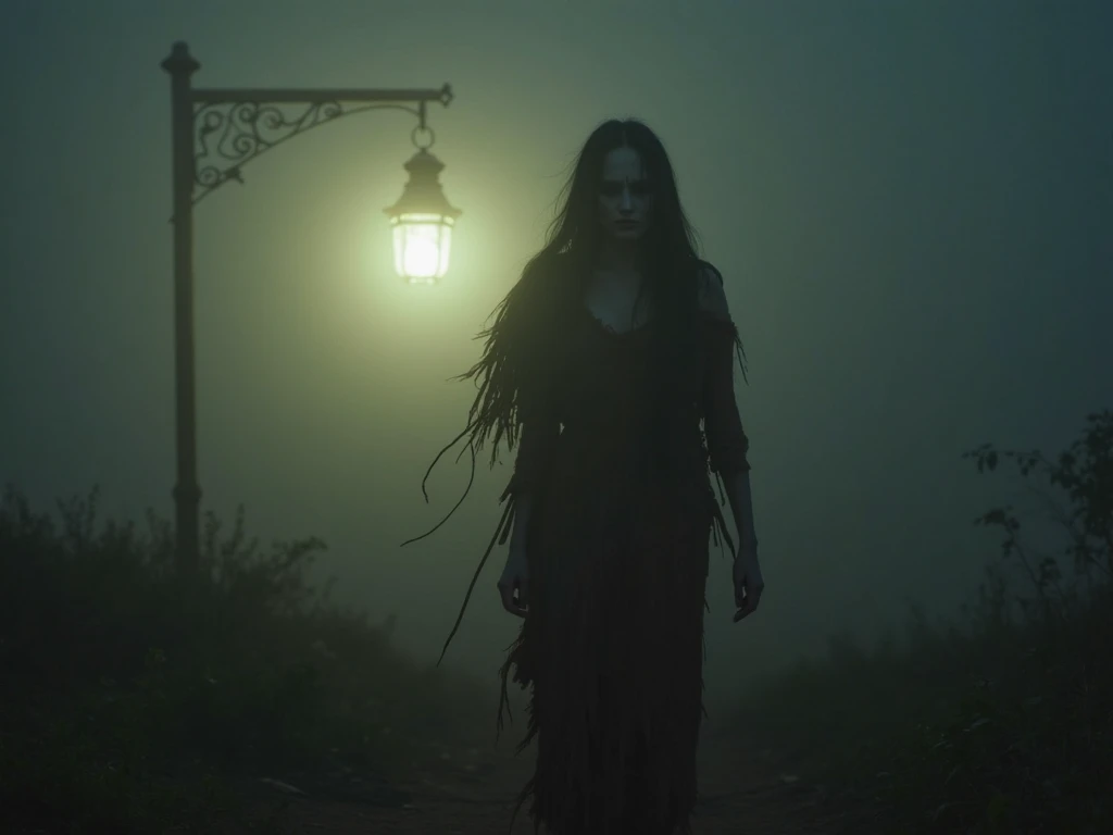 The silhouette of an indigenous Mexican woman dressed in bloody rags materializes in the fog. Her pale, disengaged face peeks out under the glare of a flickering lantern.  Its steps are slow ,  his restless breathing .