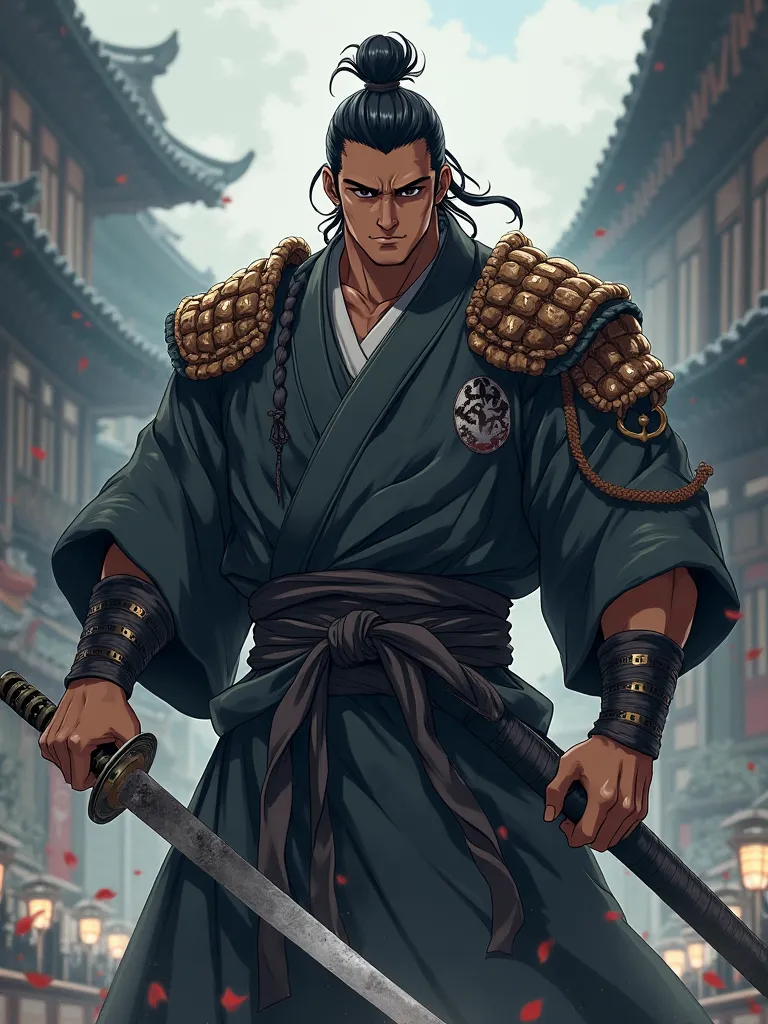 anime style,Tall and athletic man , brown skin,Chilling hair tied,Wide Face,Yukata black and gray folded sleeve, armbands x and brown samurai shoulder pads, Thick and big sword