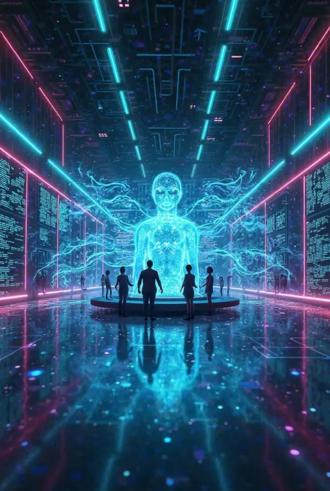 Create a high-resolution digital artwork featuring a futuristic control center filled with holographic screens and a sleek, intuitive no-code interface. In the center, show multiple AI avatars—abstract humanoid figures or geometric shapes—interconnected by...