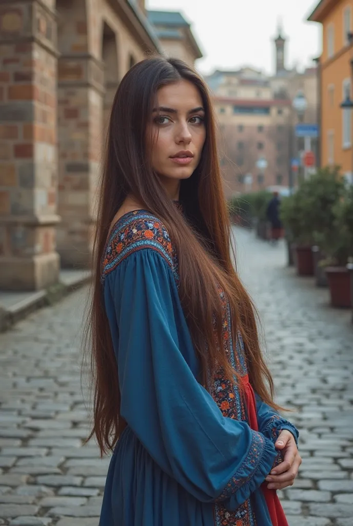 about 1
2
arafed woman in a blue shelwar standing on a cobblestone park, a picture by Micha Klein, instagram, hurufiyya, gothic city park behind her, with a  red  thight shelwar, her hair is long and straight, with long hair, ancient city streets behind he...