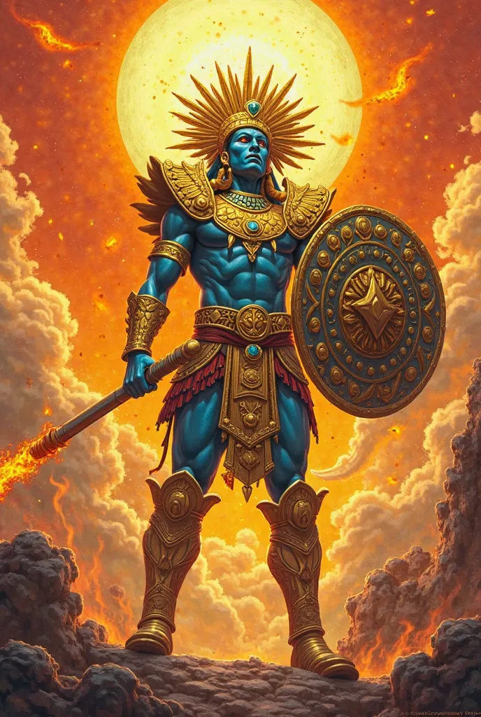 Huitzilopochtli, the Warrior God (God of War and the Sun)
"Surrounded by the scorching glow of the sun, Huitzilopochtli emerges as a colossal blue-skinned warrior, with a plume of golden feathers and jade armor. His golden breastplate reflects daylight,  a...