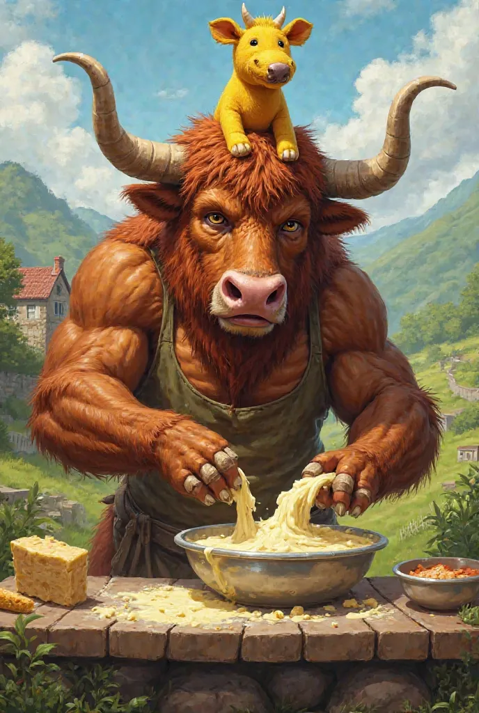 A highland cattle Minotaur making cheese and wearing a yellow sock puppet 