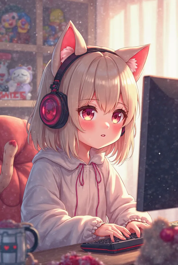 Uwu girl with kitten gamer headphones sitting at a computer