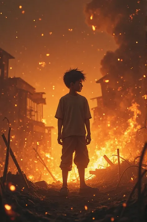 A boy lost everything and burning everything in front of him but he didn't worried and no fear 