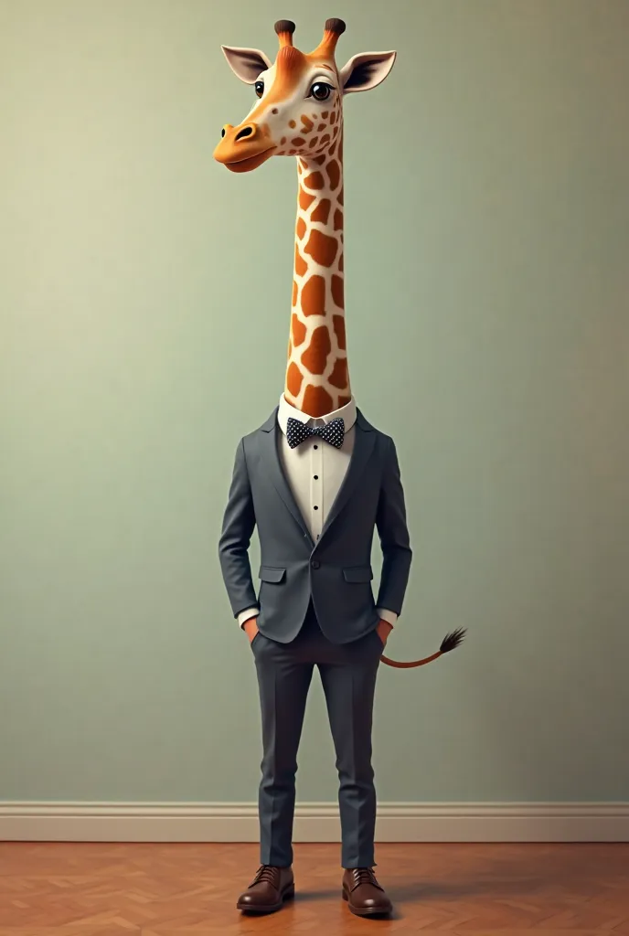 A tall, elegant giraffe wearing a well-fitted, dark navy suit with a crisp white shirt and a polka-dot bow tie. The giraffe stands confidently on a polished wooden floor, with a subtle gradient background in soft pastel tones. Its long neck is accentuated ...