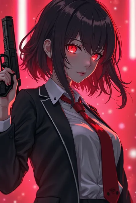 anime girl with red eyes and tie holding a gun, Cyberpunk art inspired by Kanō Naizen, tendencia en CGSociety, Digital Art, with glowing red eyes, Junji son 4k, cyberpunk anime art, cyberpunk anime art, Anime style 4k , with glowing red eyes, Modern cyberp...