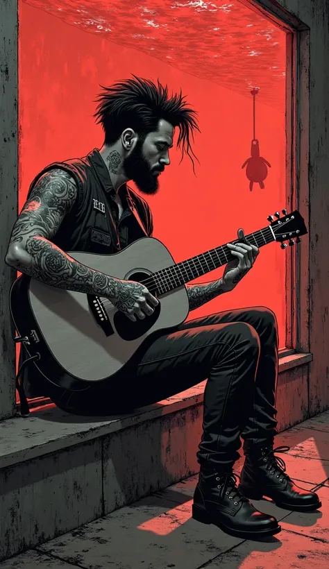 Illustration in black and red ink, hyperrealistic of a handsome rocker man, beard, trendy haircut, many tattoos, dressed in black, sitting very sad playing acoustic guitar in a strange room that looks like a fish tank. Conceptual art. Super resolution, sup...