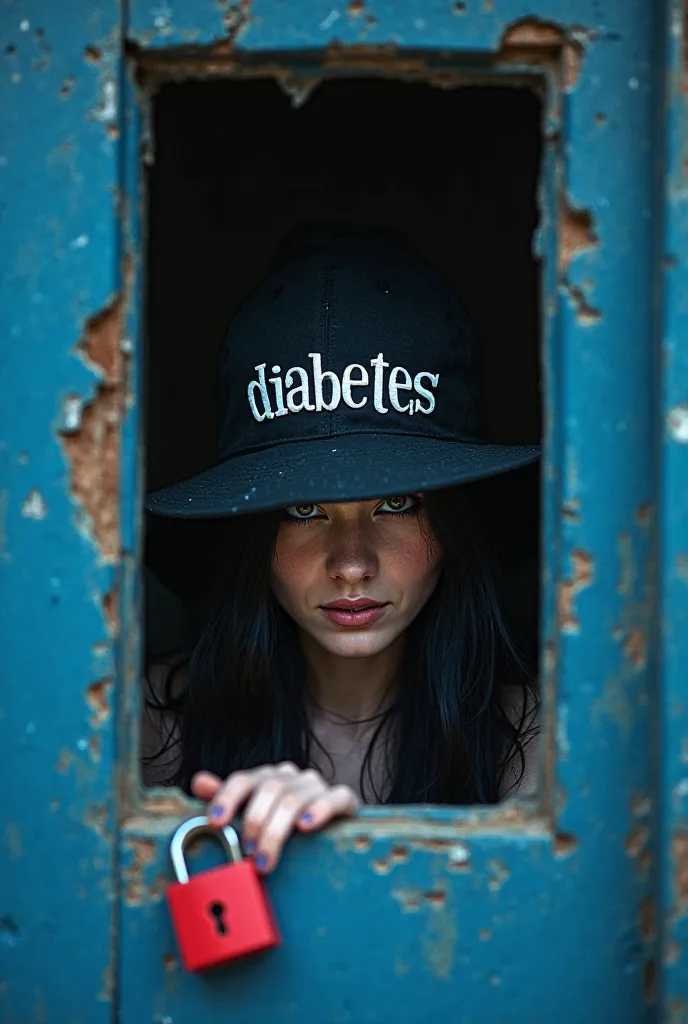 A sneaky witch with black hair peeping from a broken blue window with diabetes written in her black cap. The lock on window is red. Only the witches face you can see through the window