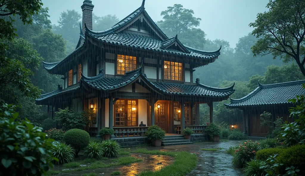  Heavy rain outside traditional house with lush garden,  detailed and realistic , 4K, high quality, ultra-detailed, Vivid Colors,  dramatic lighting ,  realistic plants and foliage ,  Sound of rain , bushes detail ,  photo realism , cinematic,  masterpiece...