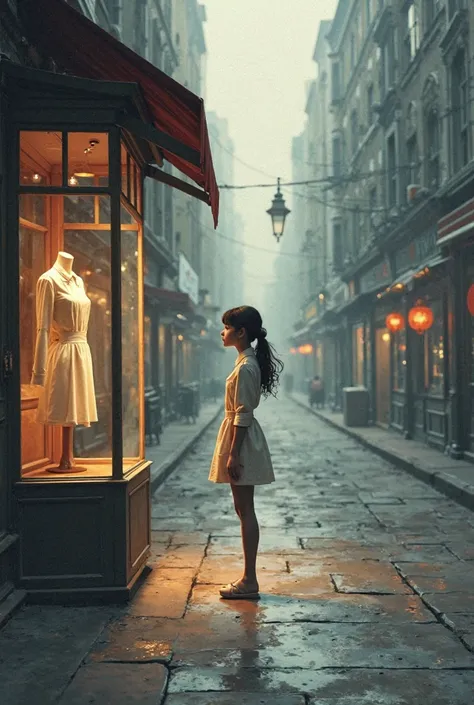 A girl standing at street and no one around there and a girl seeing in the shop on her dream chef dress 