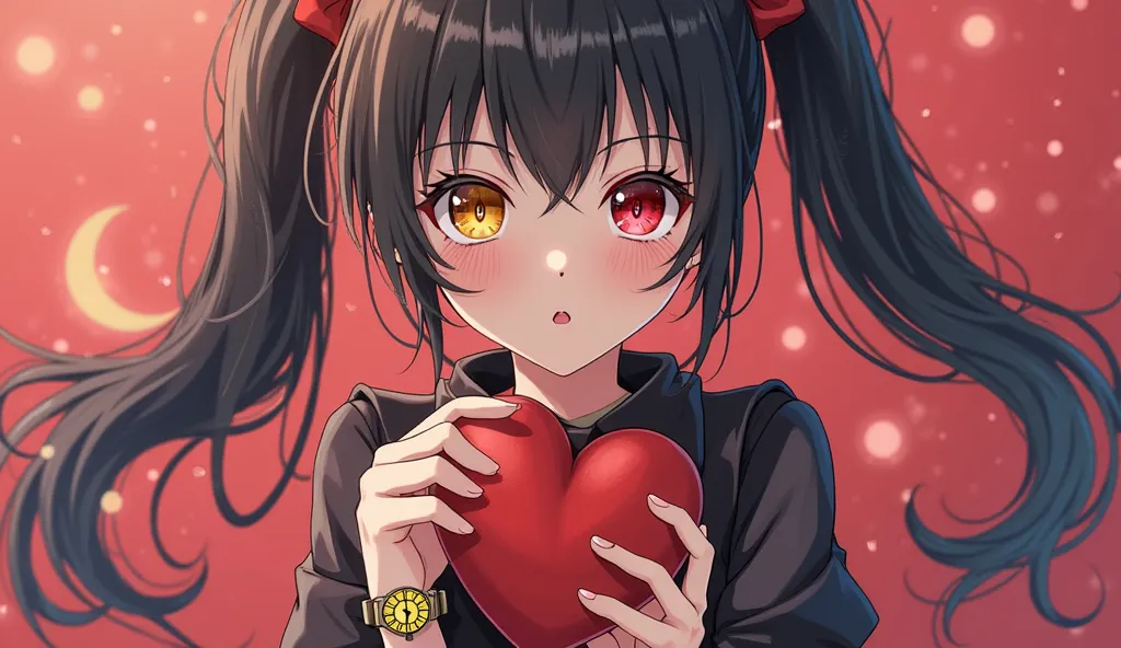 beautiful anime-style girl with long black hair with 2 pigtails wearing a short red and black dress with a red eye and a yellow eye and inside the yellow color a watch with Roman numerals, holding a heart with one hand 