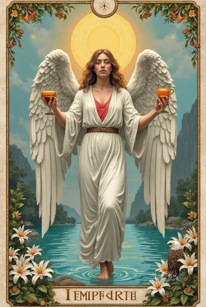 Make the Temperance card very realistic, as realistic as possible! 

representing balance, harmony and moderation. 

Image and Symbolism

At the center of the card, a beautiful and strong angel wearing a white robe with a red triangle on his chest.

The an...