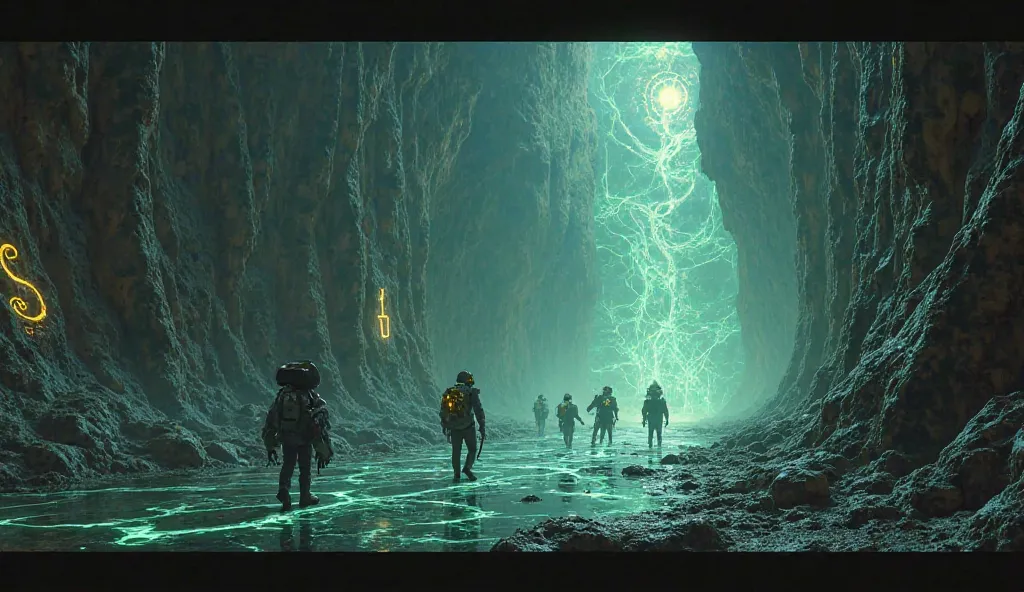 A vast, eerie cavern with jagged rock formations and glowing alien symbols etched on the walls. The floor is covered in an intricate network of pulsing lines of light, leading toward the massive, alien structure at the center. The crew is cautiously making...