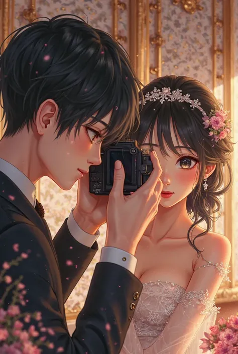 Anime black-haired man takes a photo of a woman in a marriage room