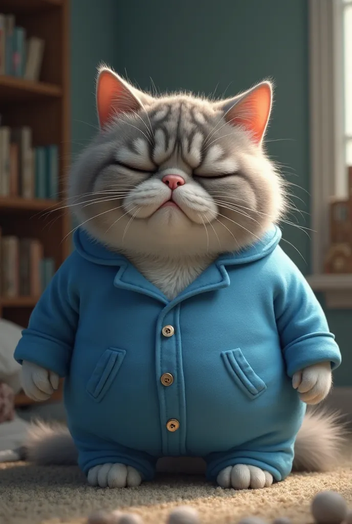 A fat male cat wears blue pijams and cry